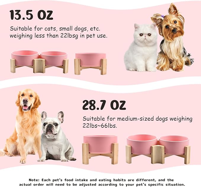 SPUNKYJUNKY 15° Slanted Ceramic Dog and Cat Bowl with Wooden Stand, Tilted Bulldog Food and Water Bowl No Slip Non-Spill for Cats Medium Dogs Big Face Pets 28.7 OZ (3.6 Cups, Pink × 2)