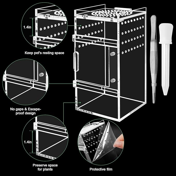 Jumping Spider Enclosure, 3x3x6 Inch Acrylic Terrarium with Magnet Opening Door & Tweezers, Suitable for Tarantula & Praying Mantis