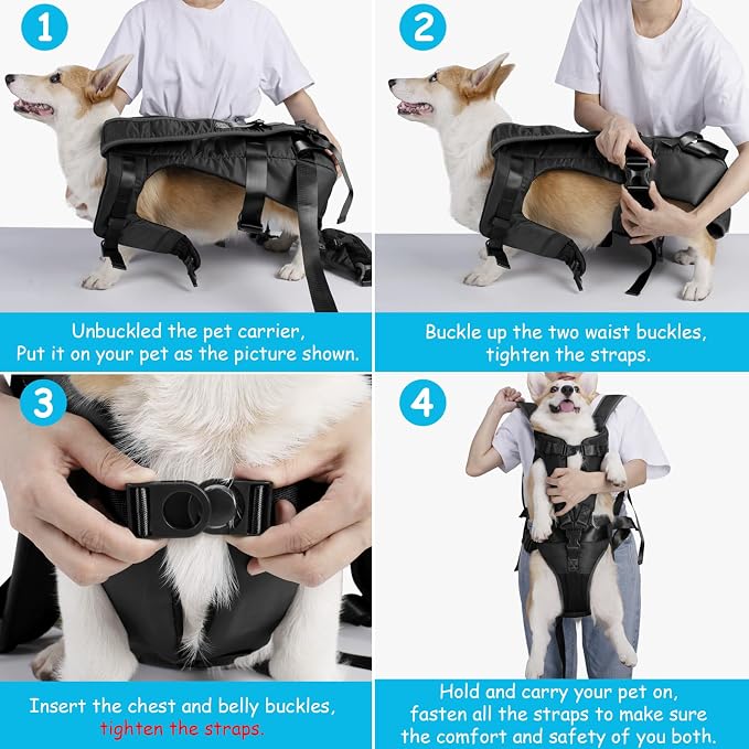 PetBonus Dog Front Carrier Backpacks, Legs Out Easy-fit Puppy Chest Carrier | Hands Free, Adjustable, Safety Strap, Walking Hiking Cycling Motorcycle bag, For Small Medium Dogs (Black, S)