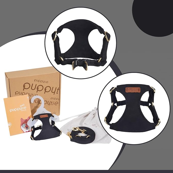 Puppytie XXS Puppy Harness with Multifunction Dog Leash,Soft Adjustable No Choke Escape Proof Pet Harness Vest,Black,XXS
