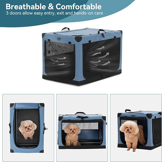 PETSFIT 26" Soft Portable Dog Crate – Patented Spiral Sturdy Frame, Collapsible Travel Kennel for Small Dogs, 3 Mesh Door, Lockable Zippers, Indoor & Car Use Blue