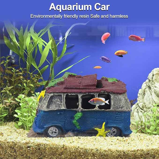 Virekm Aquarium Decor, Aquarium Decorations for Fish Tank - Realistic Resin Rock Cave Hideouts, Safe Fish Tank Ornaments with Natural Design for Betta, Goldfish, Shrimp - Easy to Clean (School Bus)