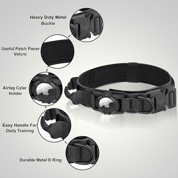 Upgraded Airtag Dog Collar Waterproof, Adjustable GPS Training Nylon Dog Collar with AirTag Holder, Control Handle and Quick-Release Buckle for Medium and Large Dogs (Black, M)