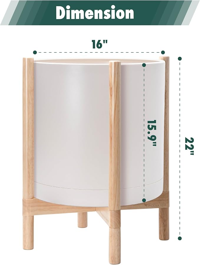 D'vine Dev Plastic Pot with Natural Wood Stand, Oatmeal, 16 in, 55-C-Y-4 | Mid-Century Inspired Design, Elevated Plant Display, Clean Lines, Sturdy Support, Modern Space-Saving Style