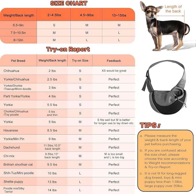 YUDODO Pet Sling Carrier for Small Dogs Cats Puppy Crossbody Bag Carrier | Hands-Free, Safety Hook, Large Zipper Pocket, Soft Breathable Mesh, Adjustable Strap, Reflective Strip, Black, S
