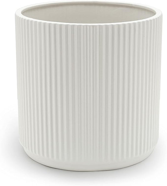 Amazon Basics Fluted Ceramic Planter Pot for Indoor Outdoor Plants, Round Flower Pot with Drainage Hole, 8-inch, White