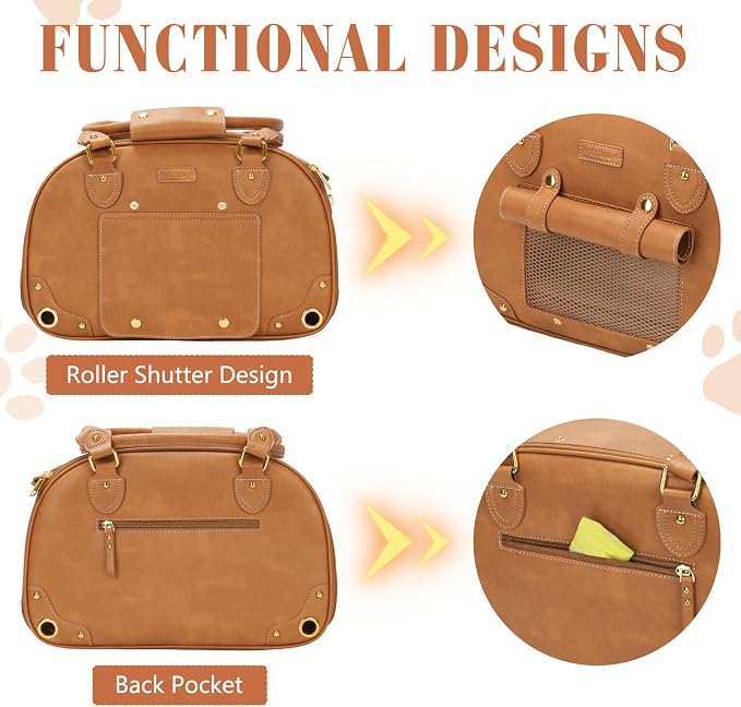 Dog Carrier Purse, Pet Carrier, Foldable Waterproof Premium PU Leather Pet Travel Portable Bag Carrier for Cat and Small Dog Home & Outdoor Small Brown