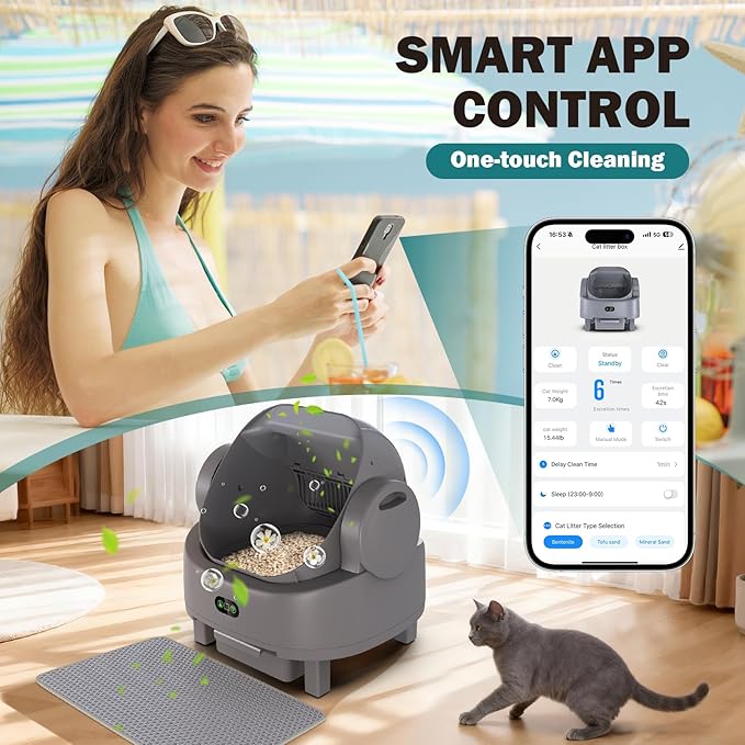 Automatic Litter Box, Open Top Large Self Cleaning Cat Litter Box for Multiple Cats, with APP Control/Multiple Safety Sensors/Trash Bag/Litter Mat, Cat Box Automatic Cleaning