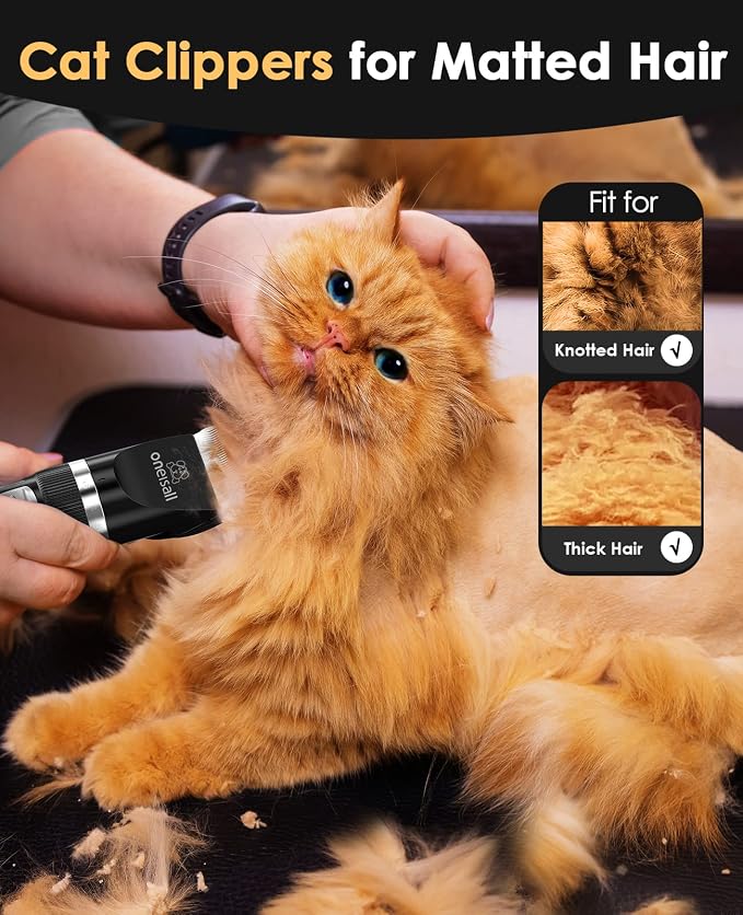 oneisall Quiet Cat Clippers for Matted & Long Hair 2-Speed Cat Grooming Kit | Cordless Pet Clippers for Cats, Small Dogs & Animals, 6 Guide Guards, 240mins Long Battery Life, With Scissors and Comb