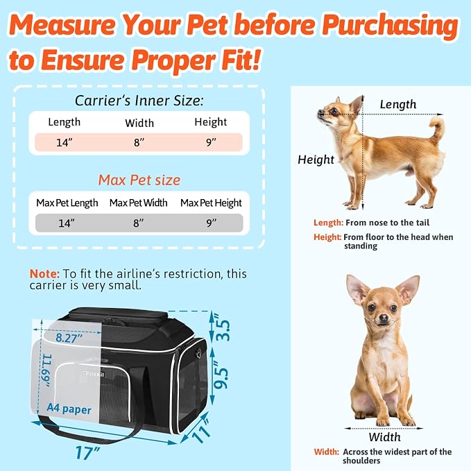 Top-Expandable Small Pet Carrier with Wheels Airline Approved | 17"x11"x9.5", for Alaska Airlines, Lockable Safety Zippers and Anti-Scratch Mesh, Pets Under 10 Lbs, Black