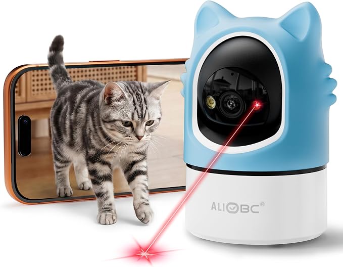 ALIOBC Pet Camera with Phone App Laser Toy 2K Cat Camera no Subscription | Auto Tracking Night Vision 355° Pan 2-Way Audio Dual-Band WiFi Indoor Pet Cam （Sky Blue）