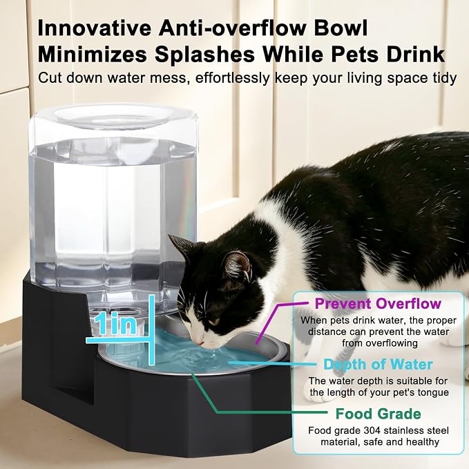 Sfozstra 5L Cat Gravity Water Bowl Dispenser: Stainless Steel Bowl | No Power Needed / No Filter Required / Spill Proof Design / Easy Cleaning / Cats & Small Dogs / Home Crate Area & Travel