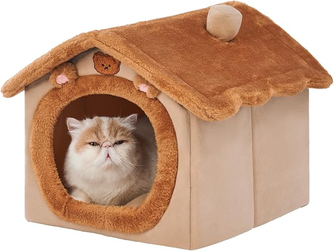 Cute Cat Beds for Indoor Cats,Foldable Cat House with Non-Slip Bottom,Brown | S Size Kitten Bed for 0-6 Lb Dogs and 0-8 Lb Cats,Cat Nest Puppy Cave,Soft Cozy Dog Cave Bed