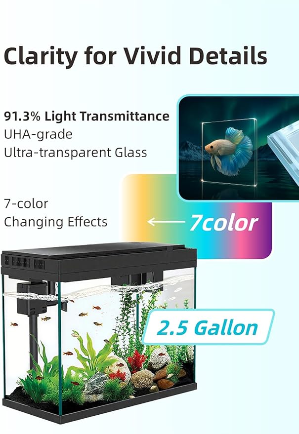 BARKBUDDY Fish Tank 2.4 Gallon Aquarium Kit, Self Cleaning Fish Tank, 7-Color Light 3-in-1 Quiet Pump Betta Fish Tank, Gold Fish Aquarium Starter Kit with Filter for Home, Office Corner