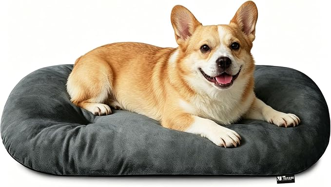 Washable Oval Medium Dog Bed, Silver-Tipped High-Resilience, Dark Gray | Non-Slip Bottom Prevents Sliding, Soft Plush Short Fur, Machine Washable, Ideal for Crates/Apartments/Cozy Nooks,29"x18"x2.8"