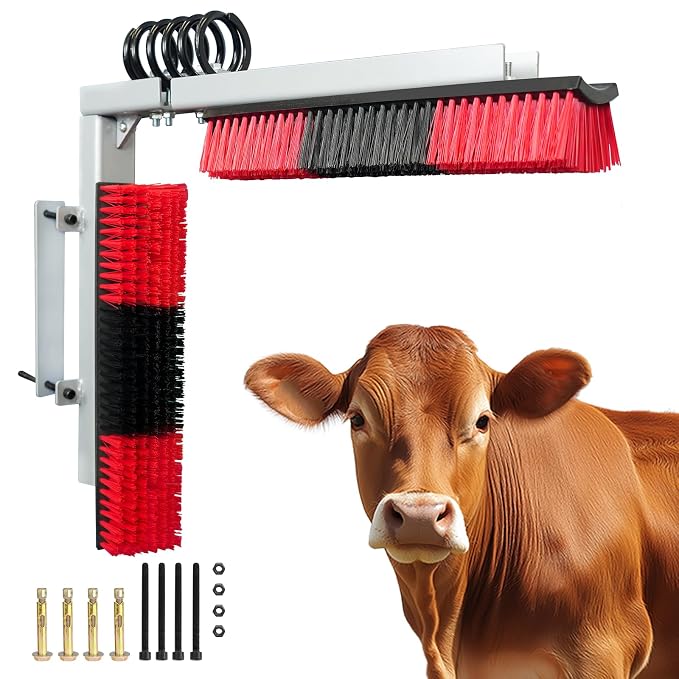 Livestock Scratch Brush With Spring Iron Holder，Animal Back Scratching Brush Including 4pcs goat brushes, 4 stands and accessories For Cow,Cattle,Sheep, Horses,Pigs，Massage Grooming Tool（Red）