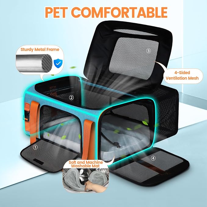 Top and Side Expandable Pet Carrier Airline Approved, Blue | 19"L x 13"W x 9"H, for Southwest Allegiant Airlines, Lockable Safety Zippers and Anti-Scratch Mesh, Pets Under 12 lbs