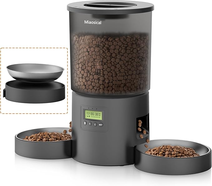 Automatic Cat Feeder 2 Cats, 4.2L Dry Food Auto Dispenser with Double Bowls,Dual Power Supply,Programmable Portion Control,10s Voice Recorder(Black,Stainless Steel Bowls) (Transparent+Black)