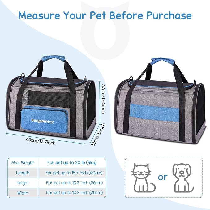 BurgeonNest Pet Carrier for Large Cats, Soft-Sided Cat Carrier for Big Cats and Small Dogs Up to 20 lbs, Top Loading Collapsible Escape-Proof Travel Cat Bag with 4 Mesh Windows & Side Storage, Grey