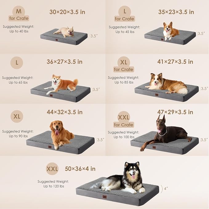 EHEYCIGA Orthopedic Dog Bed Large with Removable Washable Cover, 47IN Grey | Egg Crate Foam Support, Durable Oxford fabric, Non-Slip Bottom, Machine Washable, Soft Waterproof Plush Pet Bed Mat For Crate