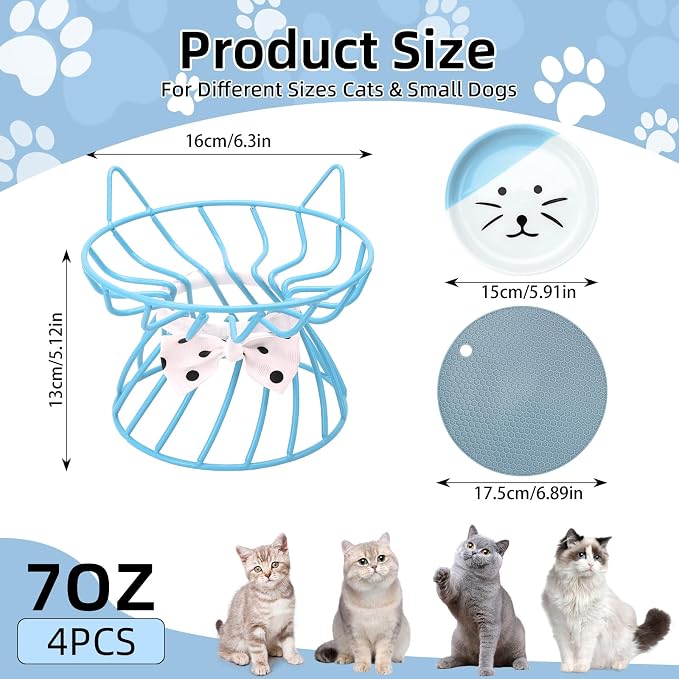 Set of 4 Elevated Ceramic Cat Bowls, Assorted Colors | 4-Piece Bowl Set Detachable Bowls Easy to Clean Non-Slip Pads Premium Ceramic