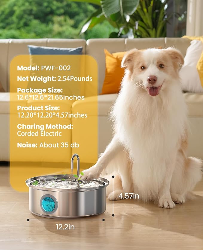 Oneisall Pet Water Fountain with 5 Set Filters, 7L/230oz Quiet Dog Water Dispenser, Stainless Steel Dog Fountain with Visual Water Level&4-Layer Filtration for Large Dogs