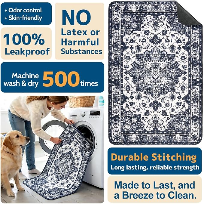 Washable Pee Pads for Dogs, 2 Pack Reusable Puppy Training Pads 48"x32" Super Absorbent Waterproof Dog Training Pads, Non-Slip Potty Pads, Whelping Pads Litter Mat Navy Blue