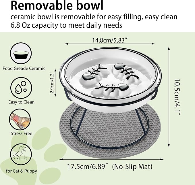 Ceramic Elevated Cat Bowls Set, Anti Vomit, Removable Dishes, Black 2-Pack | Removable Ceramic Bowls Elevated Anti Vomit Food & Water Feeding Black 2-Pack
