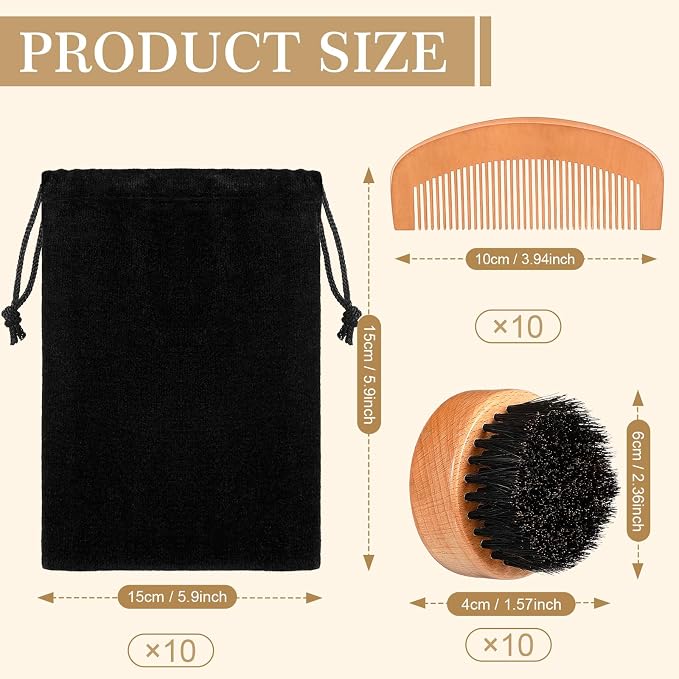 10 Sets Men's Beard Grooming Kit: Natural Boar Bristle Brush, Pear Wood Dual-Sided Wide Tooth Comb, Travel Pouch - Perfect Valentine Gift (Circle) | Natural Boar Bristle Brush, Pear Wood Dual -Sided Wide Tooth Comb, with Travel Pouch - Christmas Father...