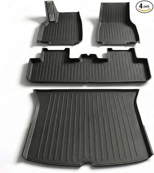 4 Pcs Floor Mats for Tesla Model Y Juniper Accessories 2025 2026 (Standard/Premium/Performance) 5-Seater, All Weather Custom Fit TPE Trunk Mats Cargo Liner Anti-Slip