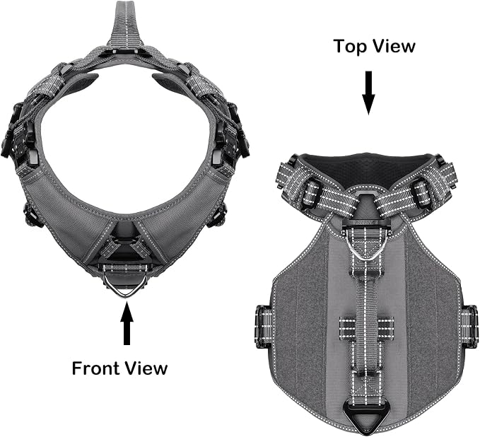 ICEFANG Quick-Moving Tactical Dog Harness X-Large Dogs,No Pull Dog Vest | Control Handle,Reflective,Full Metal Buckles,Adjustable,Hook-and-Loop Panel,Soft Padded,Grey,X-Large