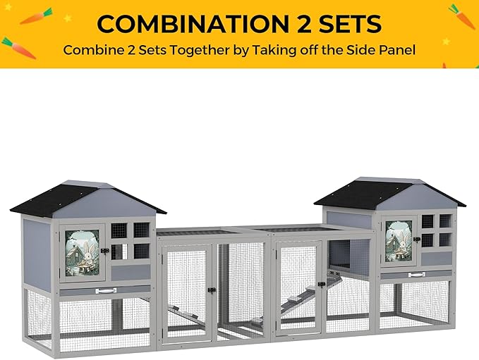 48" L Large Rabbit Hutch Outdoor Indoor, Expandable 2-Story Wooden Bunny Cage with Run, Removale Tray, 3 Entrances, Grey + Colorful Pattern
