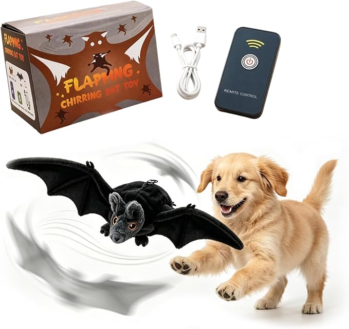 Interactive Flying Bat Dog Toy, Flapping Wings Cute Bat for Indoor Cats & Dogs, Automatic Flapping Wings with Chirping Sounds, Touch Activated, Rechargeable for Solo Play，Remote Control