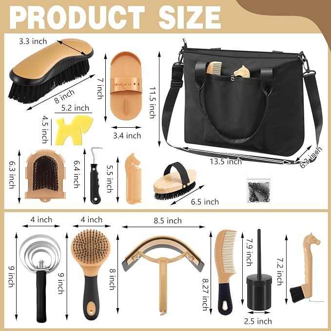 Abbylike 15 Pieces Horse Grooming Kit with Organizer Tote Bag Tack Room Supplies Horse Brush Sets Care Equine Cleaning Kit Shedding Grooming Massaging Tools(Black)