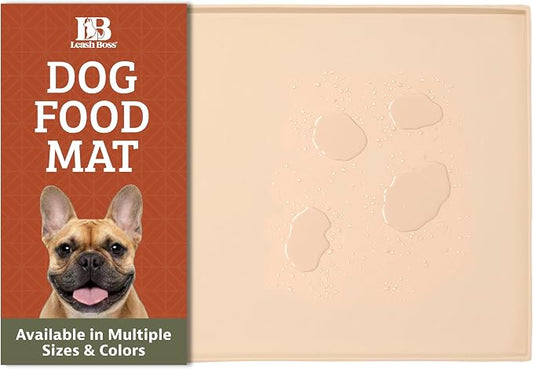 Leash Boss Silicone Pet Bowl Mat - Non-Slip Surface Secures Dog Food Tray - Raised Edge Spill Guard Cat Water Mat - Dishwasher-Safe Silicone Tray for Dog Food & Water - XL 25 x 17 in, Beige