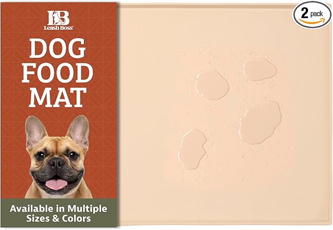Leash Boss Dog Food Mat - 2-Pack, Waterproof Cat & Dog Bowl Mat for Food and Water, Silicone Pet Feeding Mats for Floors, Non-Slip Placemat with High Edges, Puppy Essentials (Small: 18"x11", Beige)
