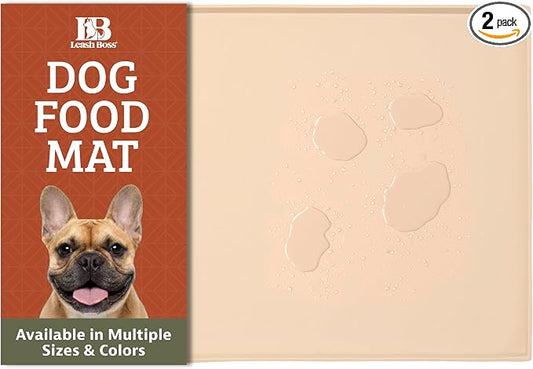 Leash Boss Dog Food Mat - 2-Pack, Waterproof Cat & Dog Bowl Mat for Food and Water, Silicone Pet Feeding Mats for Floors, Non-Slip Placemat with High Edges, Puppy Essentials (Small: 18"x11", Beige)