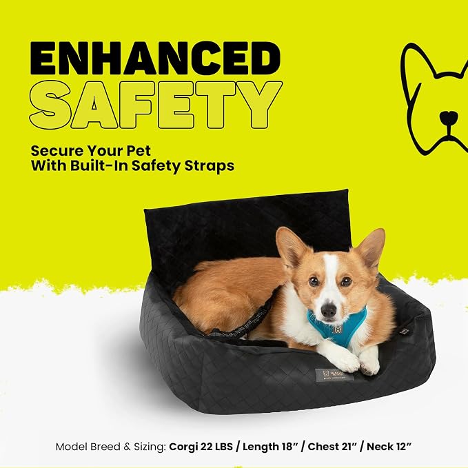 NANDOG Luxury Dog Car Seat Bed for Medium Dogs, Vegan Leather Pet Seat with Removable & Washable Cushion Insert, Thick Safety Seatbelt Straps, Secure Travel Carrier, Black, 22" L x 18" W