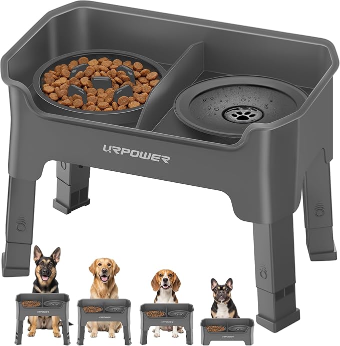URPOWER Mess Proof Elevated Dog Bowls 4 Height Adjustable Raised Stand | No Spill Water Bowl, Slow Feeder Dog Bowls, Non-Slip Food and Water Bowl Set for Small, Medium & Large Dogs