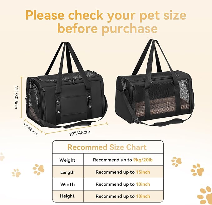 PETSFIT Large Cat Carrier with Patented Safety Buckles,Big Cats Up to 20 lb | Secure Carrier for Safe Driving, Lockable Zippers, Safety Tether, Travel Pet Carrier for Trips & Vet Visits,19 x 12 x 12