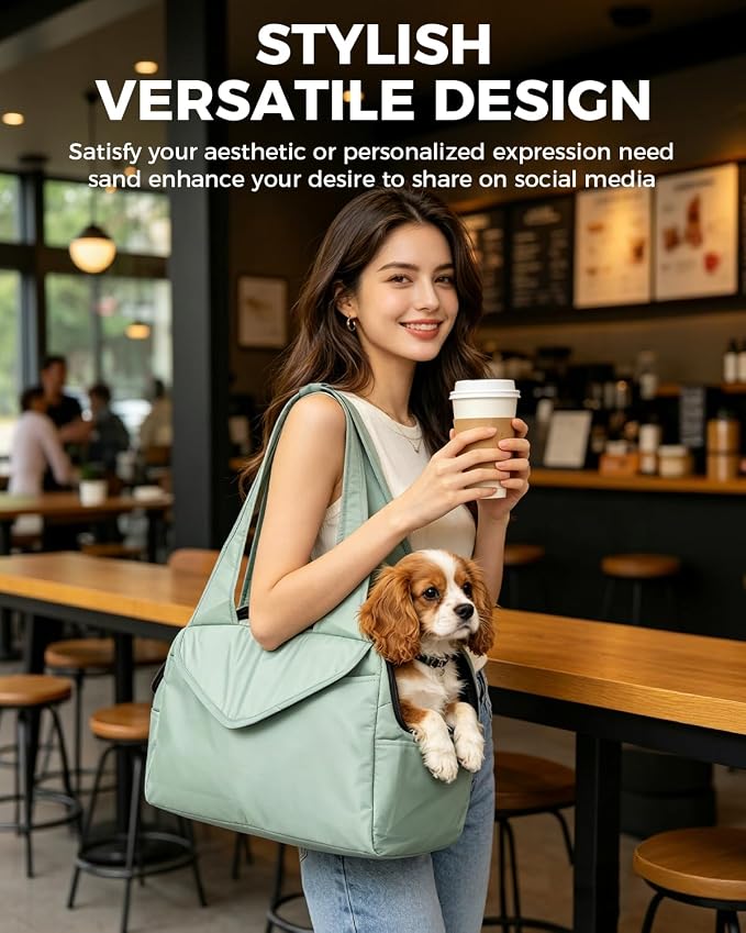 Lightweight Dog Purse with Large Pockets for Small Dogs up to 8 lb | Stylish, Soft-Sided Small Dog Carrier with Safety Buckle and Breathable Anti-Scratch Mesh for Travel, Sage Green