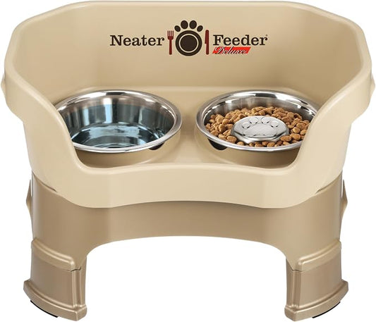 Neater Feeder Deluxe Mess-Proof Elevated Dog Bowls for Medium Dogs (19–40 lbs), 2 Height Adjustable (10” & 12.5”) No-Spill Raised Dog Bowl Stand w/Slow Feed Bowl for Food, Made in USA, Cappuccino
