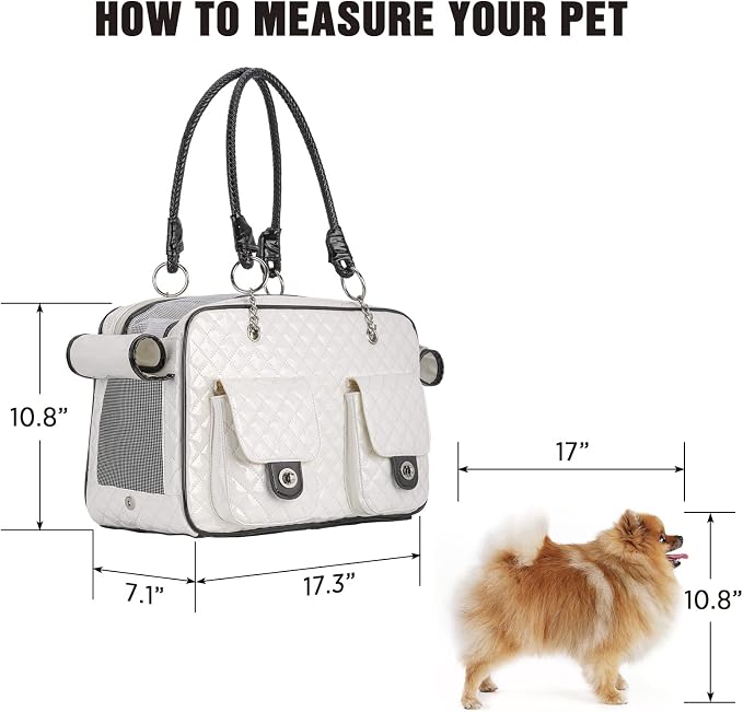 Pet Carrier Fashion Dog Carrier Purse Leather Tote Handbag Bag for Small Puppies Dogs Cat Small Animals Soft TSA Airline-Approved (White)