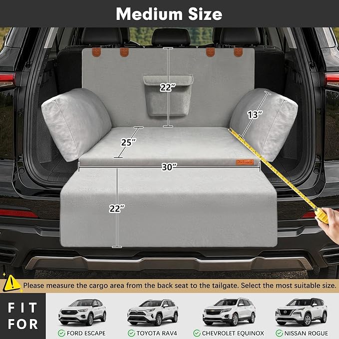 SUV Cargo Liner for Dog, Orthopedic SUV Dog Bed for Truck, Medium | Waterproof-coated 2-inch foam 6-inch side bolsters, bumper flap, storage pocket, non-slip backing for SUVs,25 x 30 in
