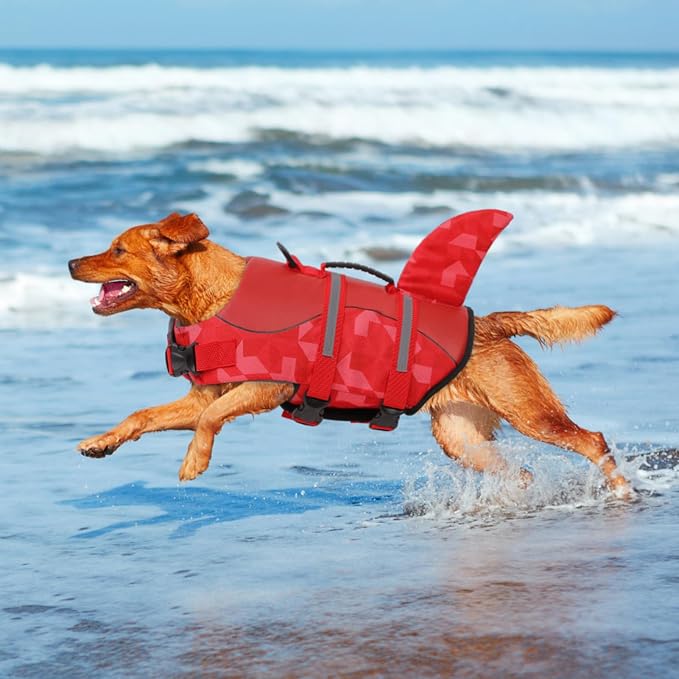 Shark Dog Life Jacket, LifeVests for Boating, High Buoyant Dog Life Vest for Swimming, Adjustable Easy On Pet Jackets for Small, Medium, Large Dogs (Red Triangle,S)