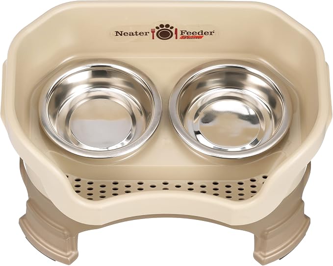 Neater Feeder Deluxe Mess-Proof Elevated Cat Bowls, 2 Height Adjustable (6” & 7.5”) No-Spill Raised Cat Bowl Stand, Whisker Friendly Stainless Steel Dishes for Indoor Cats, Made in USA, Cappuccino