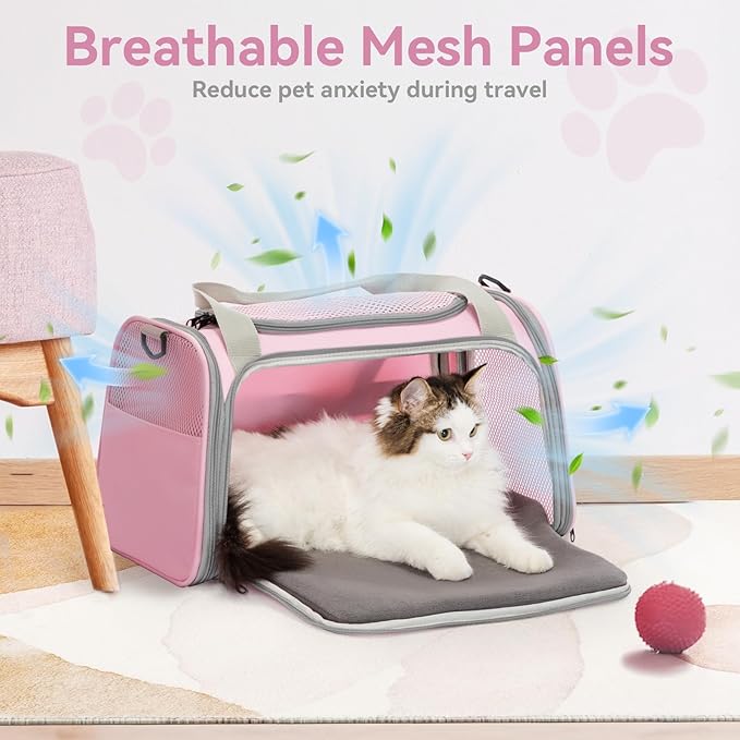 Petsfit Cat Carrier Airline Approved, 17.5×10.5×10.5 in, Pink | Escape-Proof Design with Locking Zippers & Safety Leash, Easy-Access 3-Way Entry, Washable Mat up to 12 lb