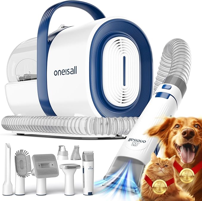 oneisall Dog Grooming Vacuum, Pet Grooming Vacuum with Clipper Nail Grinder, 1.5L Dust Cup Dog deshedding Brush with 7 Tools for Shedding Pet Hair, Home Cleaning(Blue) | 11kPa Strong Suction, 59dB Low Noise,Clipper & Nail Grinder Included, 7-in-1 Groom...