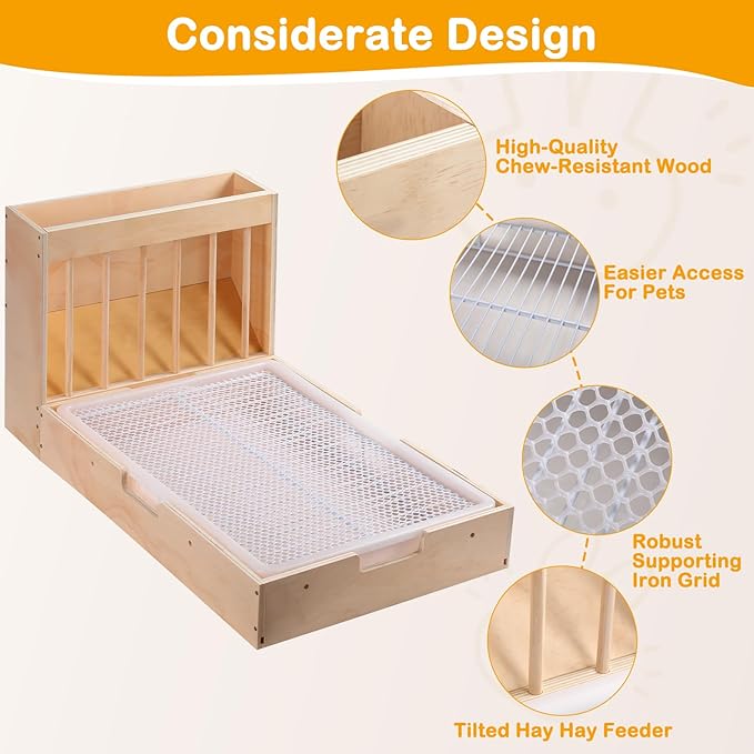 Large 2-in-1 Rabbit Hay Feeder & Litter Box Set, Wood, Mess Proof, for Guinea Pigs, Chinchillas, Hamsters, and Rabbits (XXL)