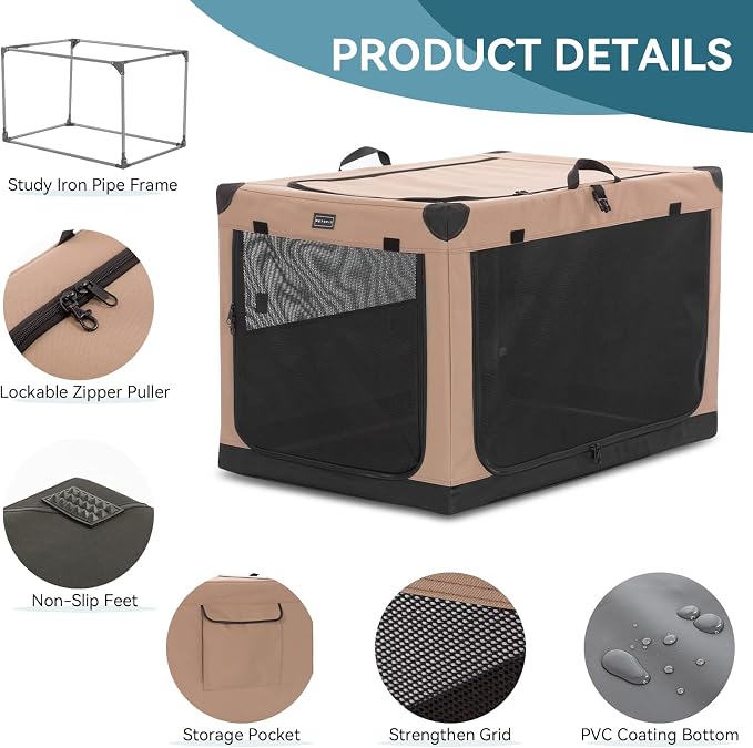PETSFIT 30" Soft Portable Dog Crate – Patented Spiral Sturdy Frame, Collapsible Travel Kennel for Medium & Large Dogs, 3 Mesh Door, Lockable Zippers, Indoor & Car Use Khaki